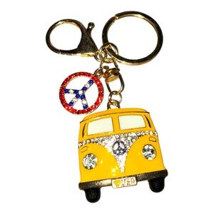 Yellow Bus Keychain with Peace Charm